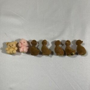 Vintage Miniature Flocked Animals Teddy Bear Bunny Duckling Figures Lot of 7